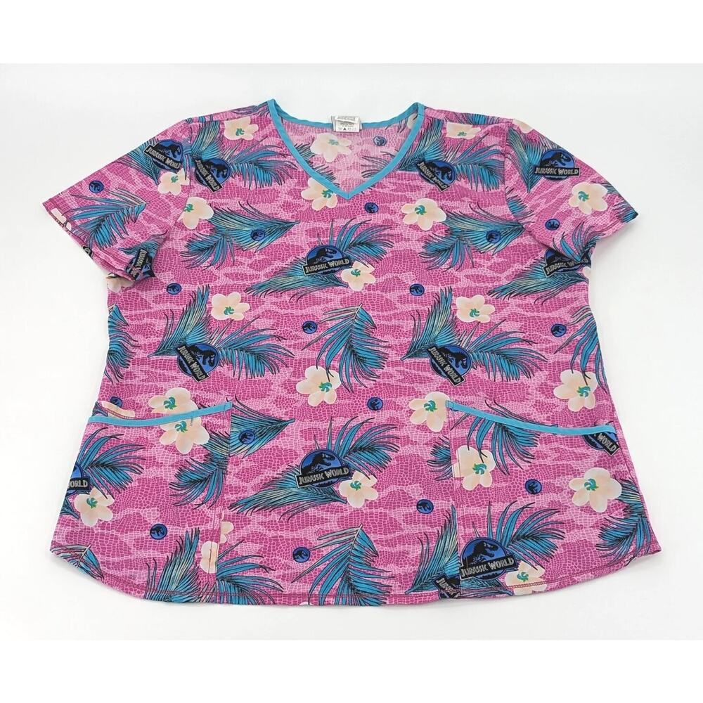 Jurassic World Women's Purple & Pink V-Neck Medical Scrub Top Size XL